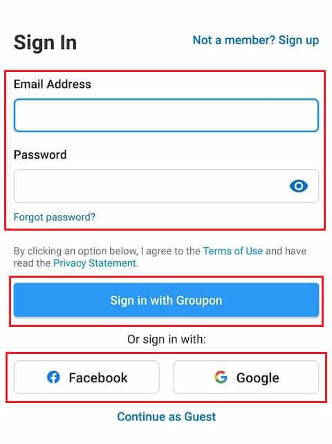 tap on Sign in with Groupon