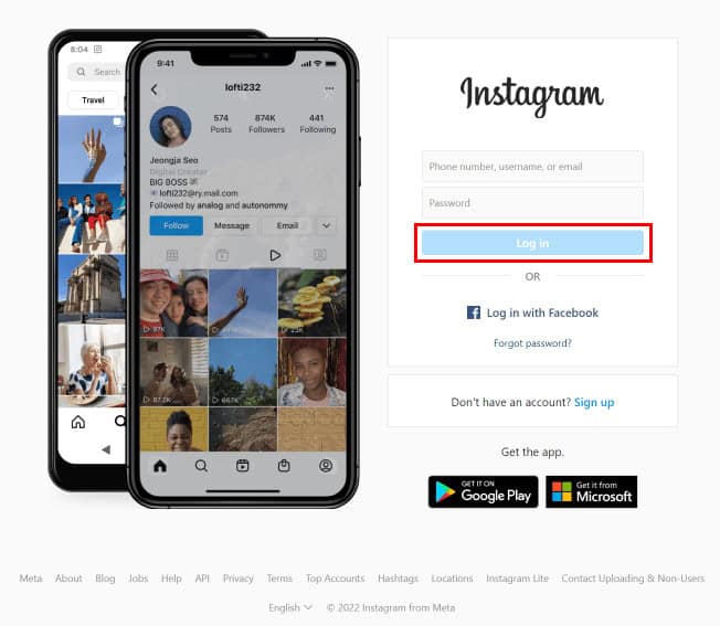 Enter your email, phone number, or username and enter your password and click on the Log in button.
