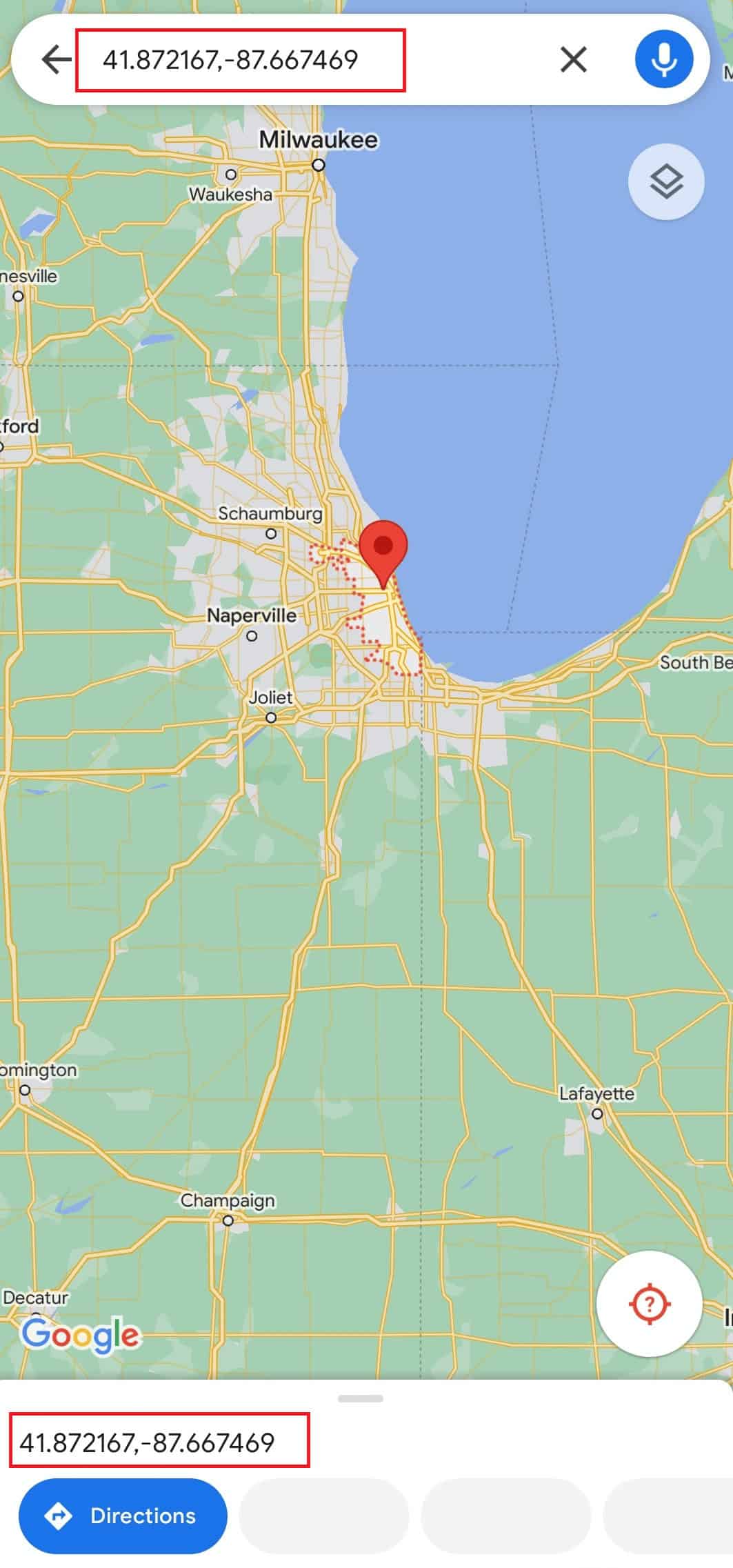 Find Chicago and long-press the location on your mobile screen to get the coordinates (41.87216, - 87.66746)