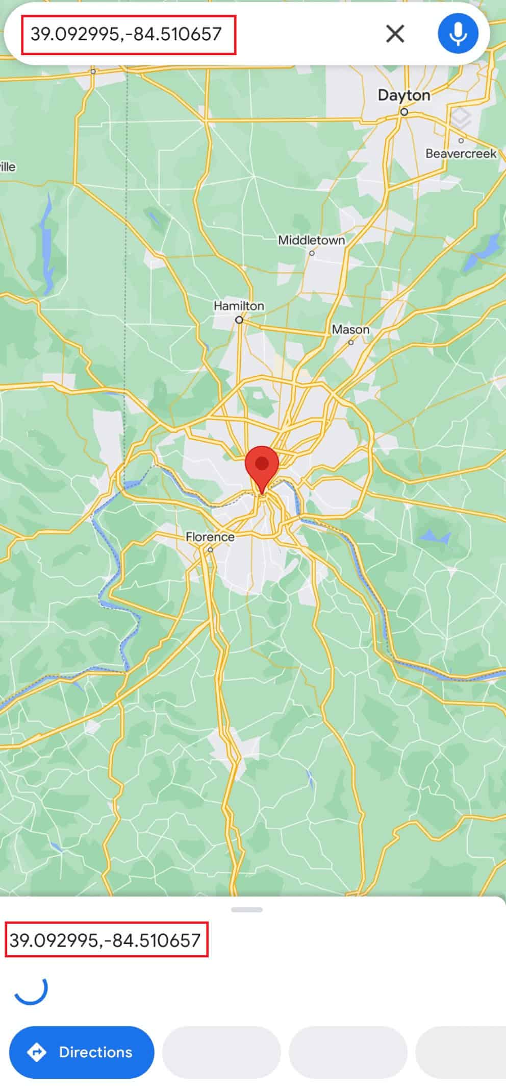 Find Cincinnati and long-press the location on your mobile screen to get the coordinates (39.09299,-84.51065) | halfway between two places
