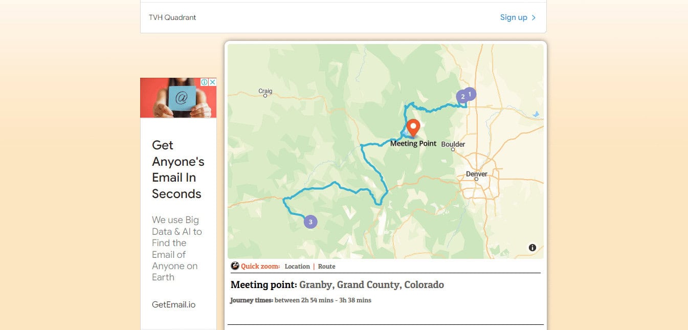 Find the search result like this with a map and details regarding the venue type | halfway between two places | halfway point between cities