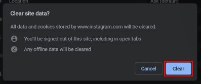 From the dialog box on the screen click on Clear to reset the site settings.