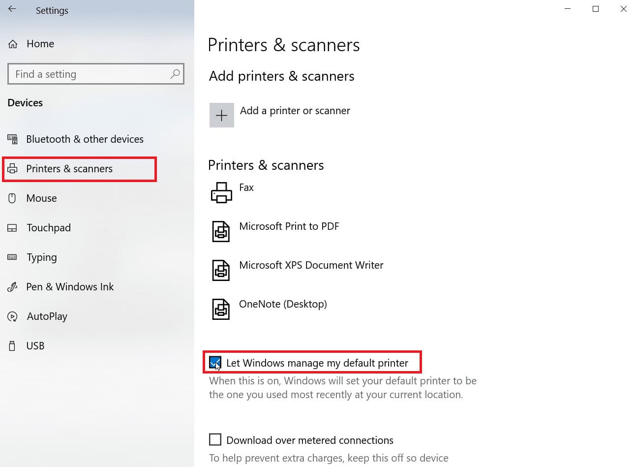 go to printers and scanners and uncheck let windows manage my default printer