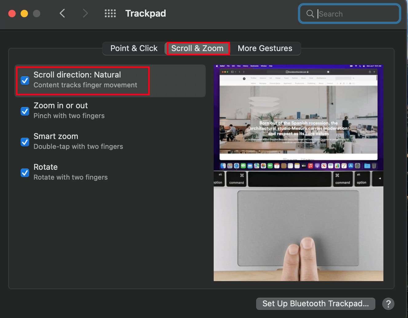 go to Scroll & Zoom header and select the Scroll Direction: Normal. | trackpad not working Mac