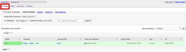 Go to the postings page | How to Delete Craigslist Account