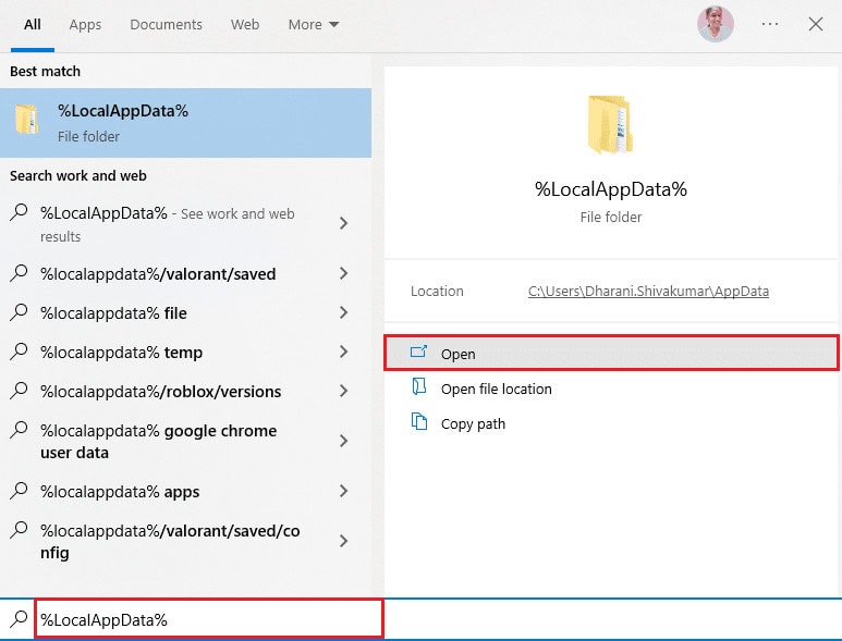 Go to the Windows Search box again and type LocalAppData