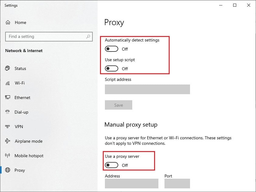 toggle OFF Proxy server. 8 Fixes for VPN Connection Failed Due to Unsuccessful Domain Name Resolution