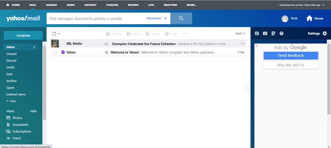 Homepage view of Yahoo mail