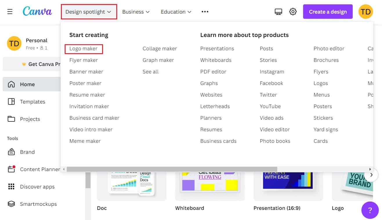 hover over the Design spotlight and click on Logo maker