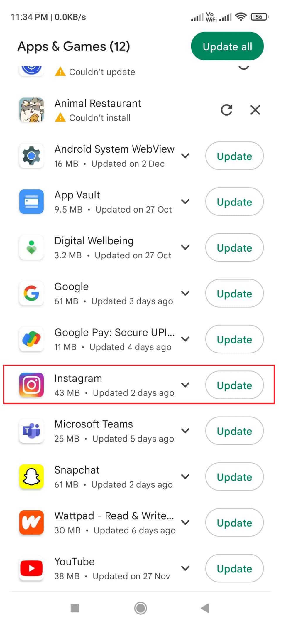 Instagram Update on playstore