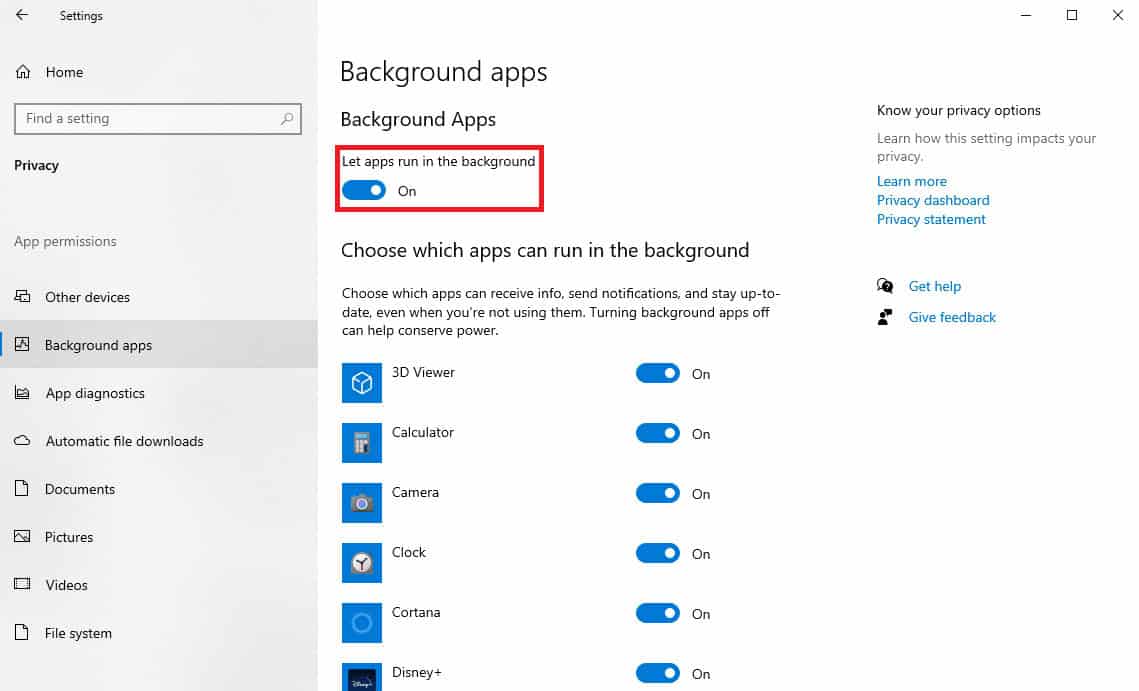 locate the Let apps run in the background toggle and enable it