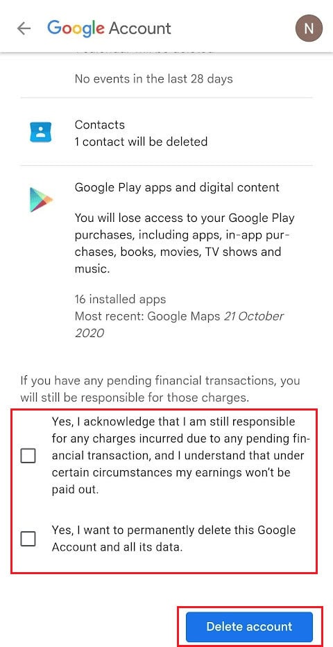 mark both checkboxes - Delete account