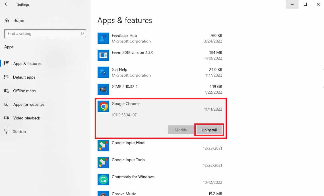 navigate to and click on Google Chrome and click Uninstall