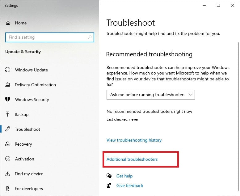 Click on Additional troubleshooters