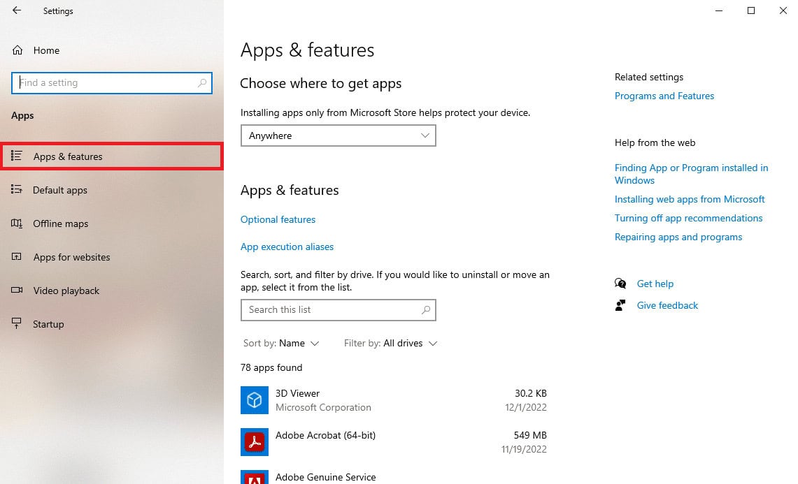 click on Apps & Features