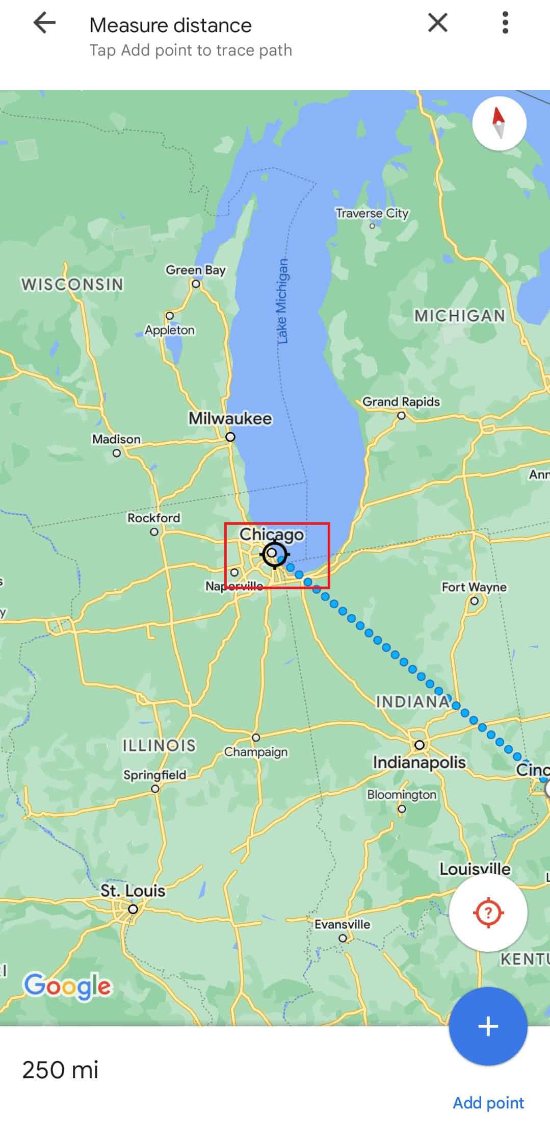 On the map, find Chicago to measure the distance | halfway point between cities