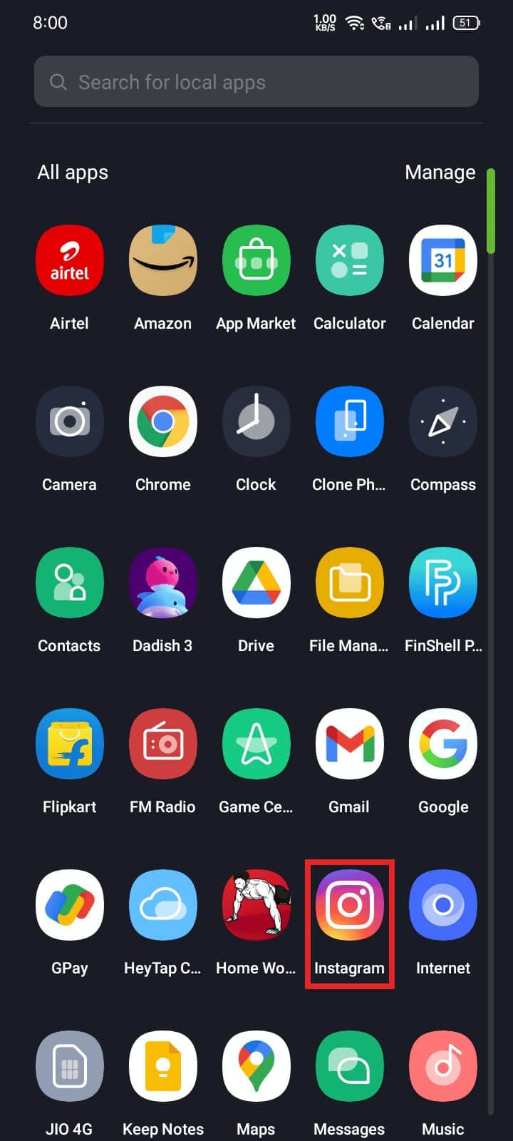 On your mobile device go to the app drawer and search for Instagram app.