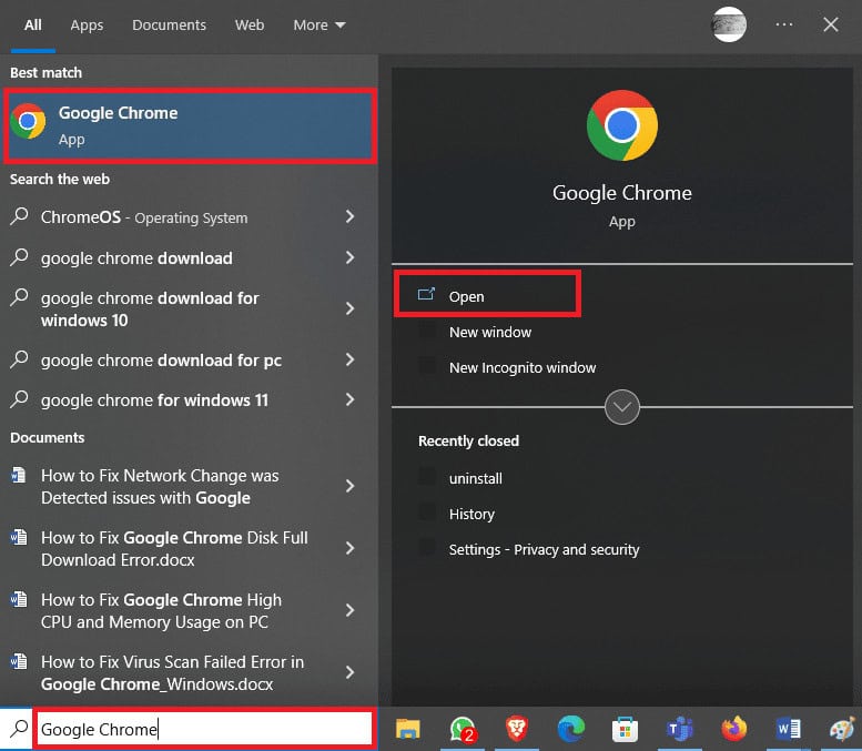 Open Google Chrome from the Start Menu