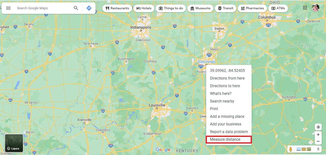 Right-click on the location and click on the Measure distance option