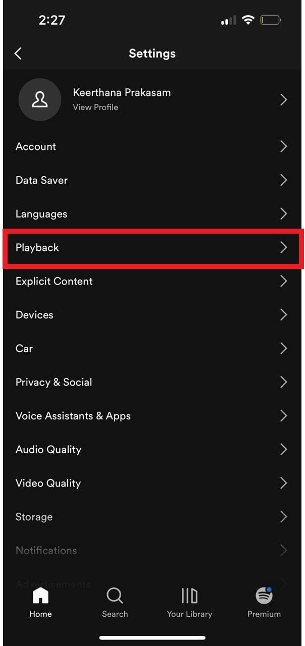 Scroll down and tap on the Playback option