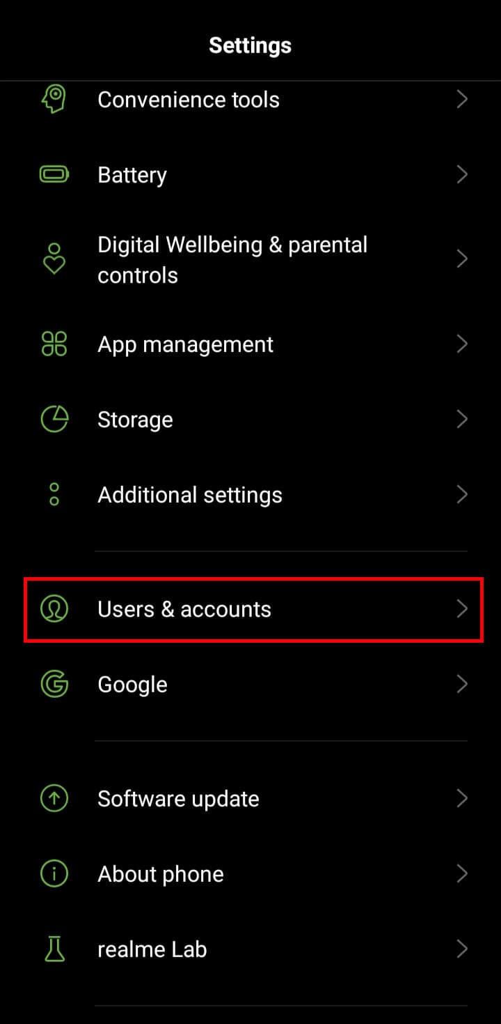 Scroll down to the Users & accounts and tap on it. | disable Google Chat