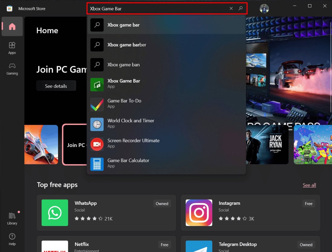 Search Xbox Game Bar