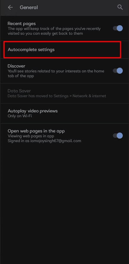 Select Autocomplete settings option from the menu.