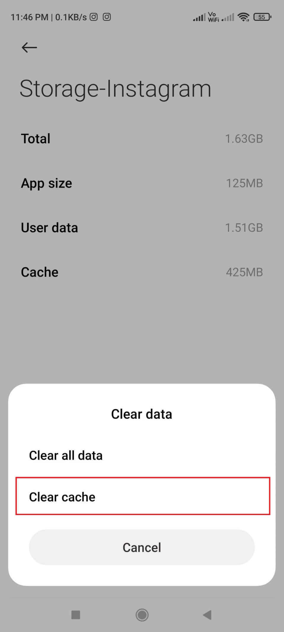 Select Clear cache. | How to Fix User Not Found on Instagram