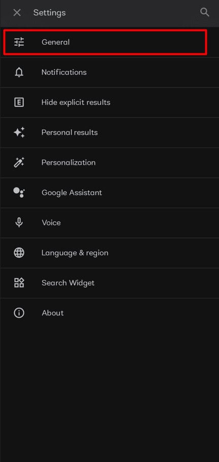  Select General from the menu.