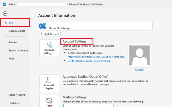 Select Info and click on Account Settings
