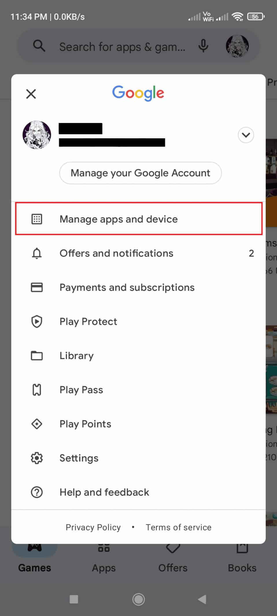 select Manage apps and device. | How to Fix User Not Found on Instagram
