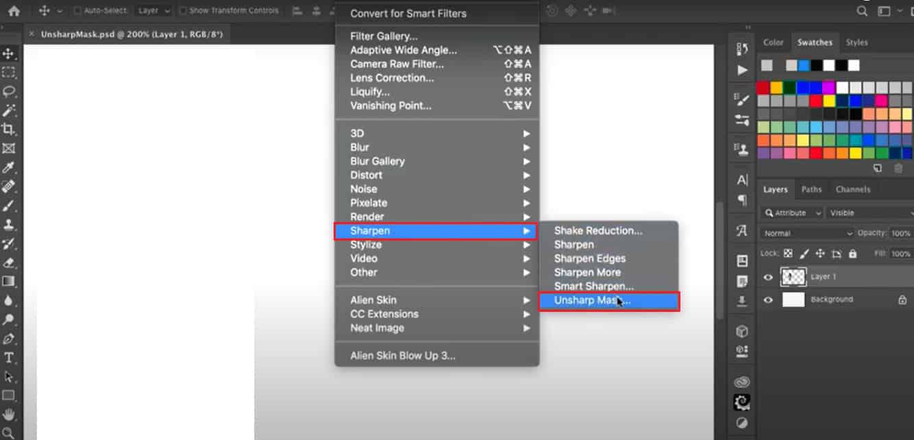Select Sharpen and then click on Unsharp Mask.