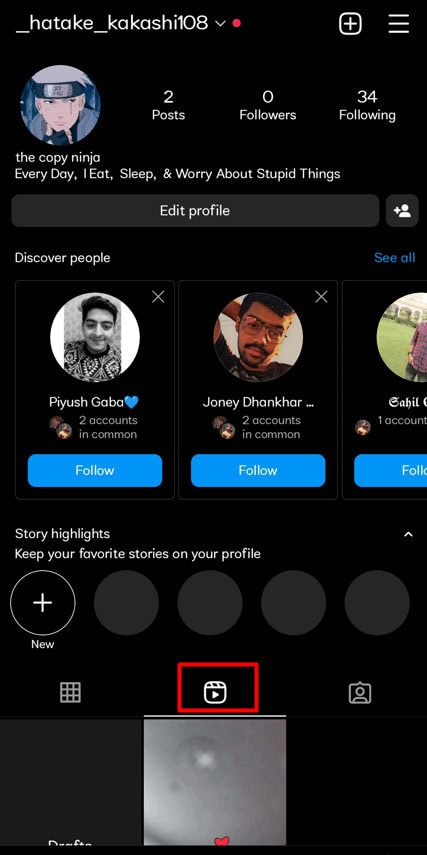 Select the Reels tab on the profile page