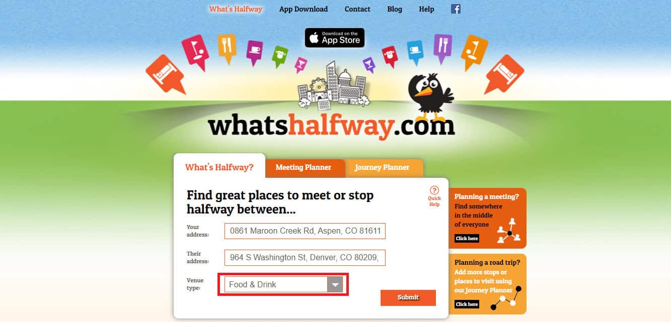 Select the Venue type as required | halfway point between cities