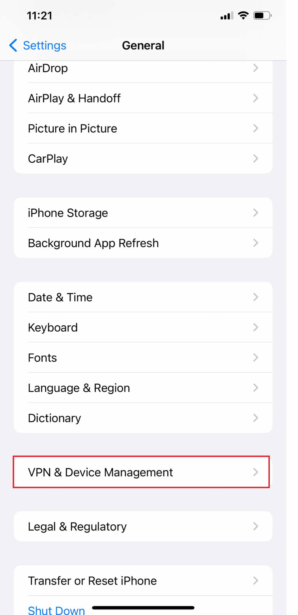 Select VPN & Device Management 