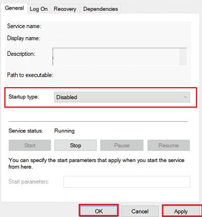 startup type to disabled