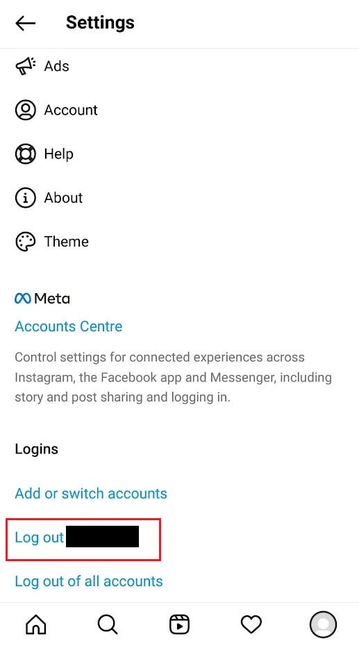 swipe down and tap on Log out [username] | How to Fix Black Instagram Photos