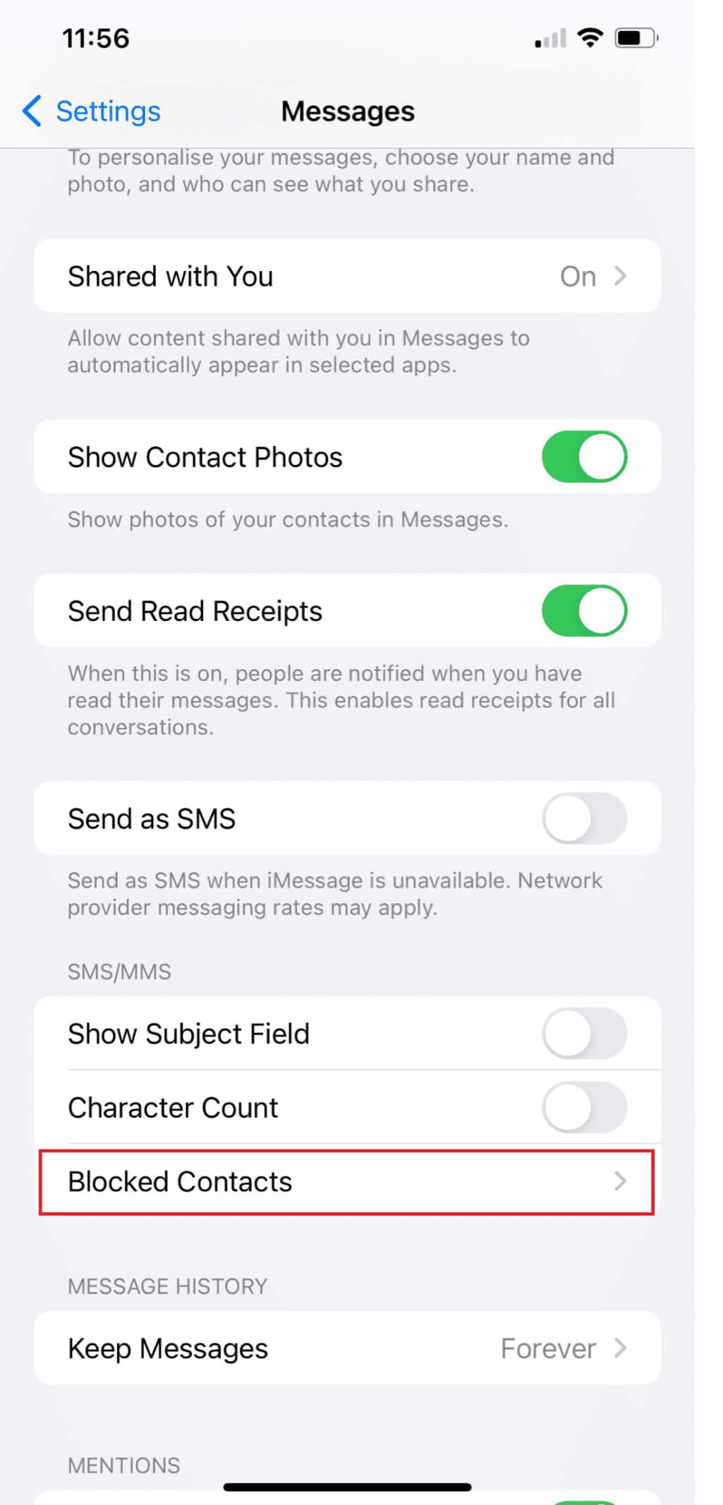 Tap on Blocked Contacts 