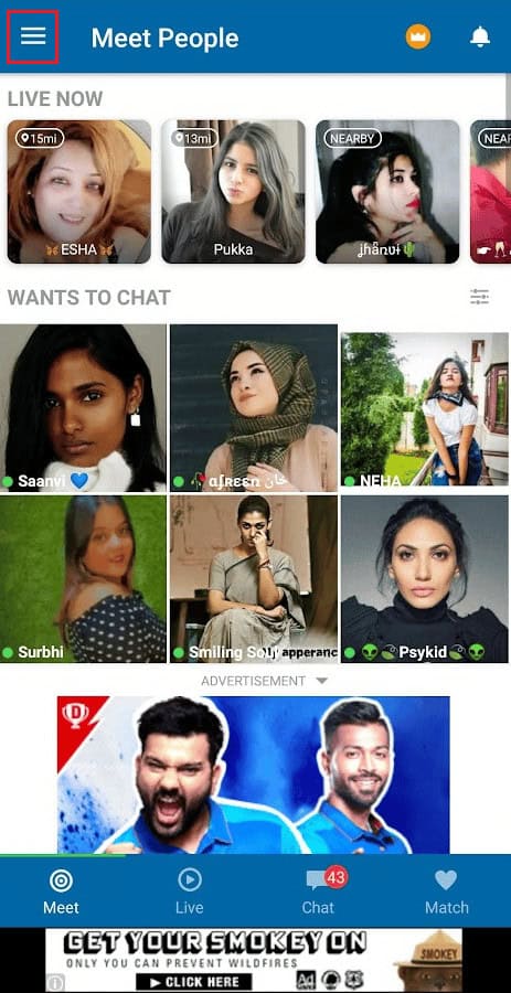 tap on the Hamburger icon from the top left corner of the screen | How to Delete Skout Account