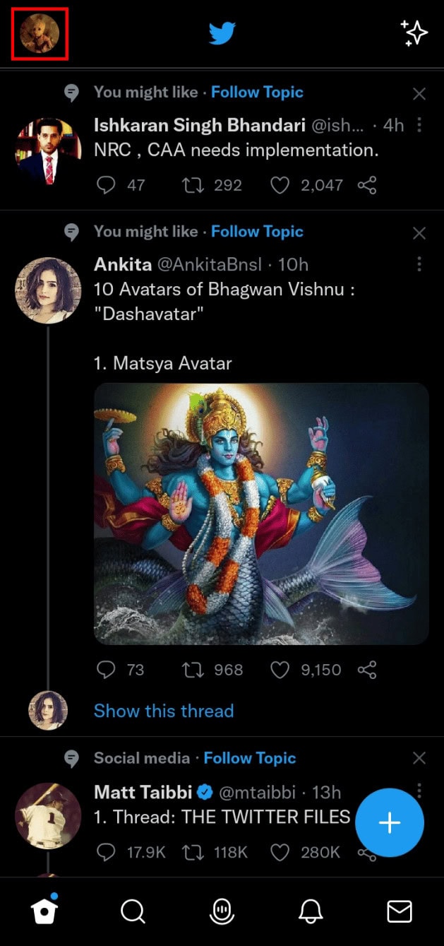 Tap on the Profile icon at the top left corner of the screen