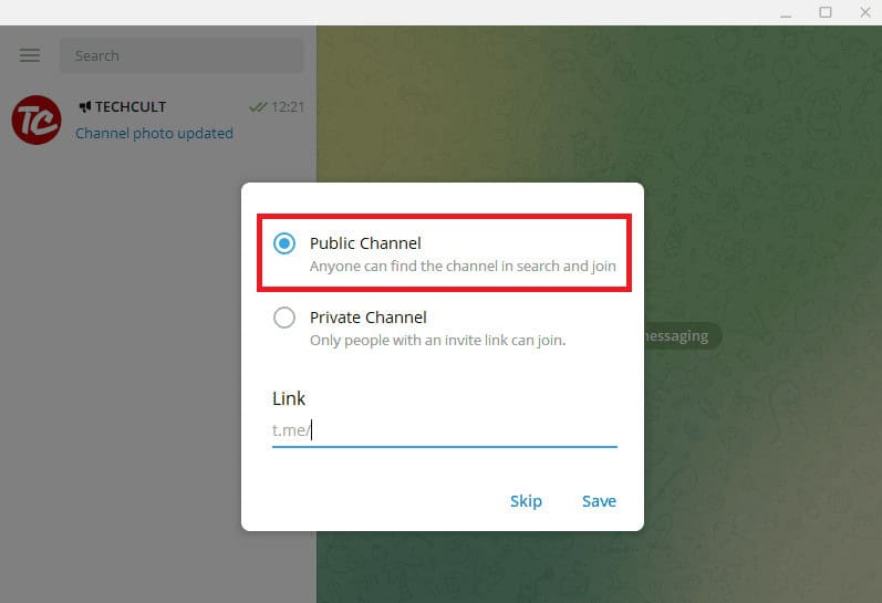 Tap on the Public Channel if you want a public channel
