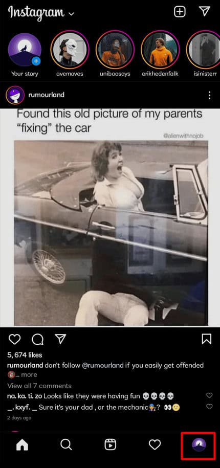 Tap on your profile photo in the bottom right corner of Instagram