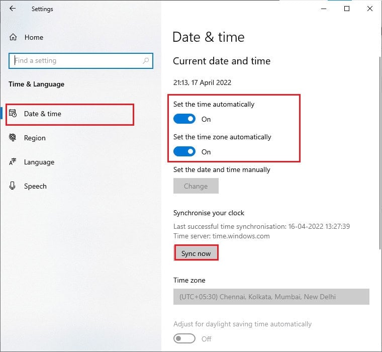 In Date time tab toggle on Set the time automatically and Set the time zone automatically options 