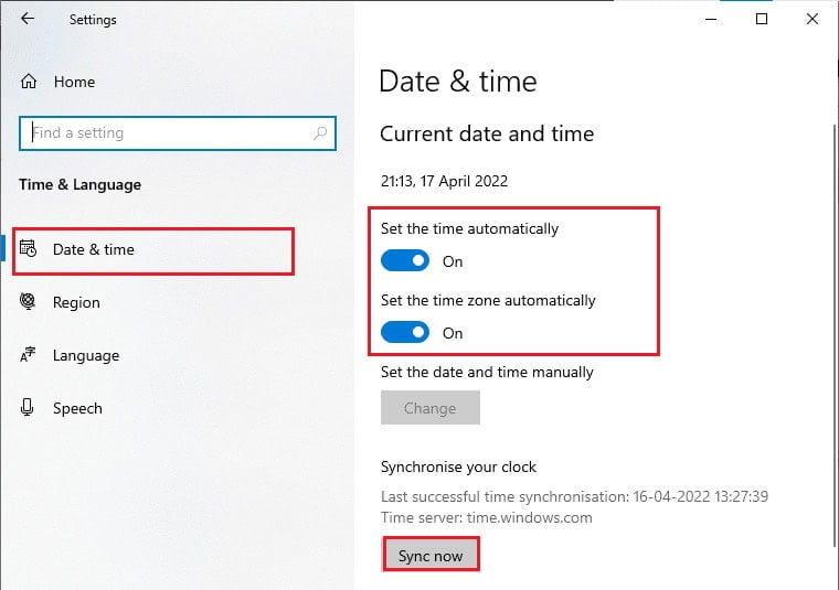 make sure Set the time automatically and Set the time zone automatically options are toggled on