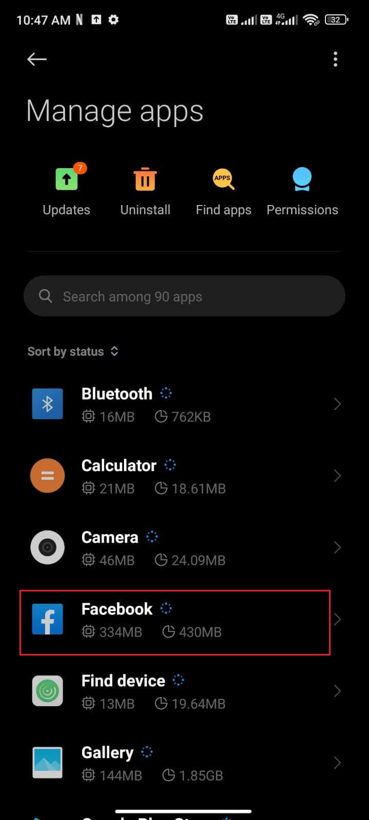Then, tap on Manage apps followed by Facebook