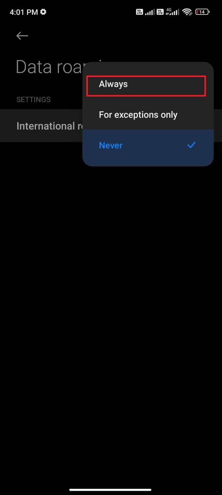 tap the box next to International roaming and set the option to Always