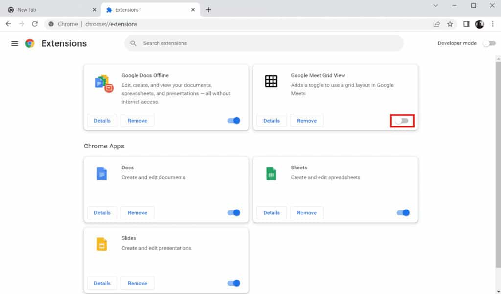 Toggle off the web extensions