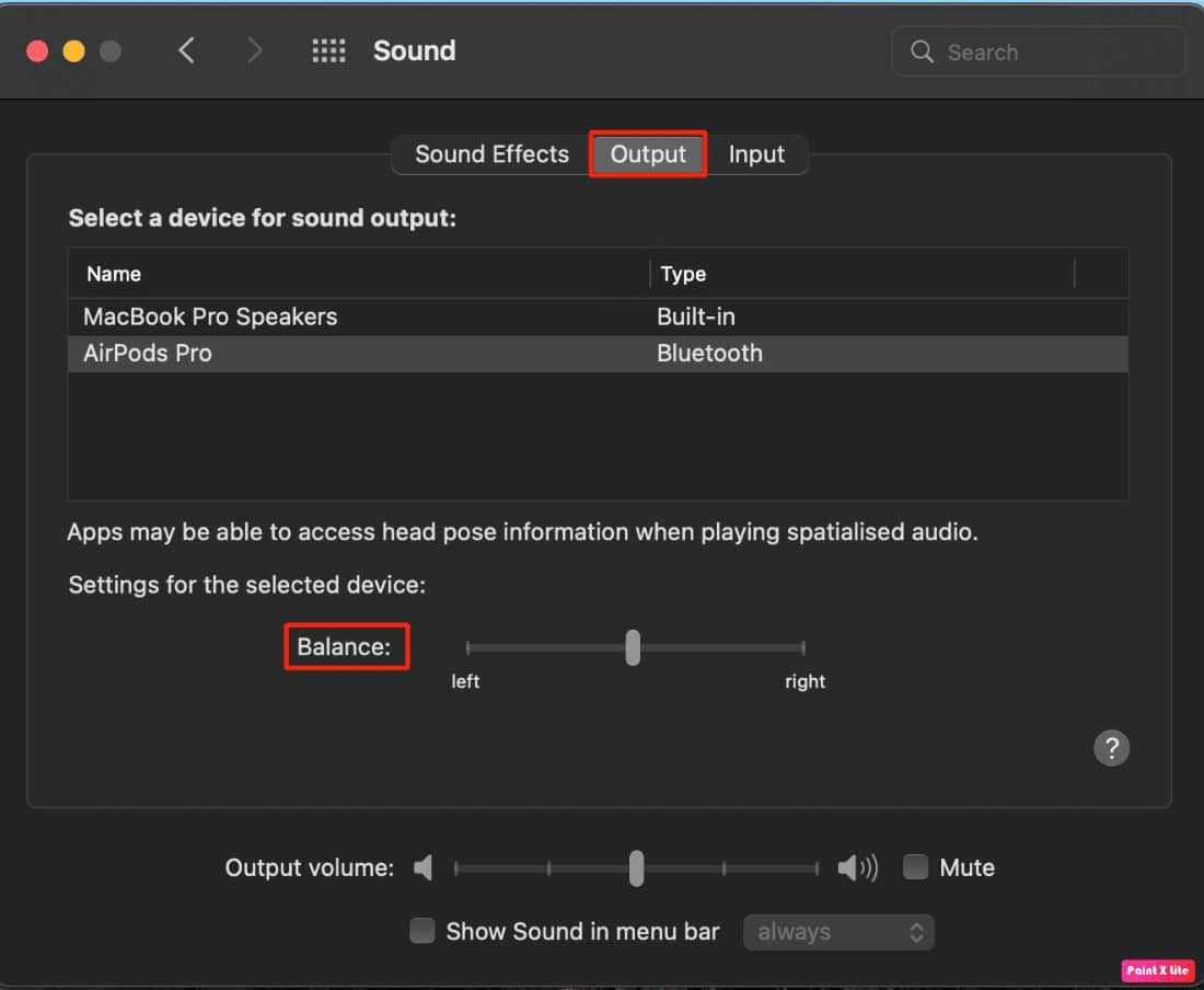 under output tab adjust balance slider