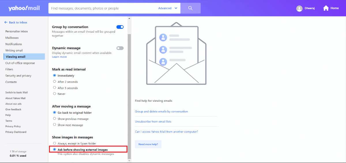 under Show images in messages, choose the Ask before showing external images option.