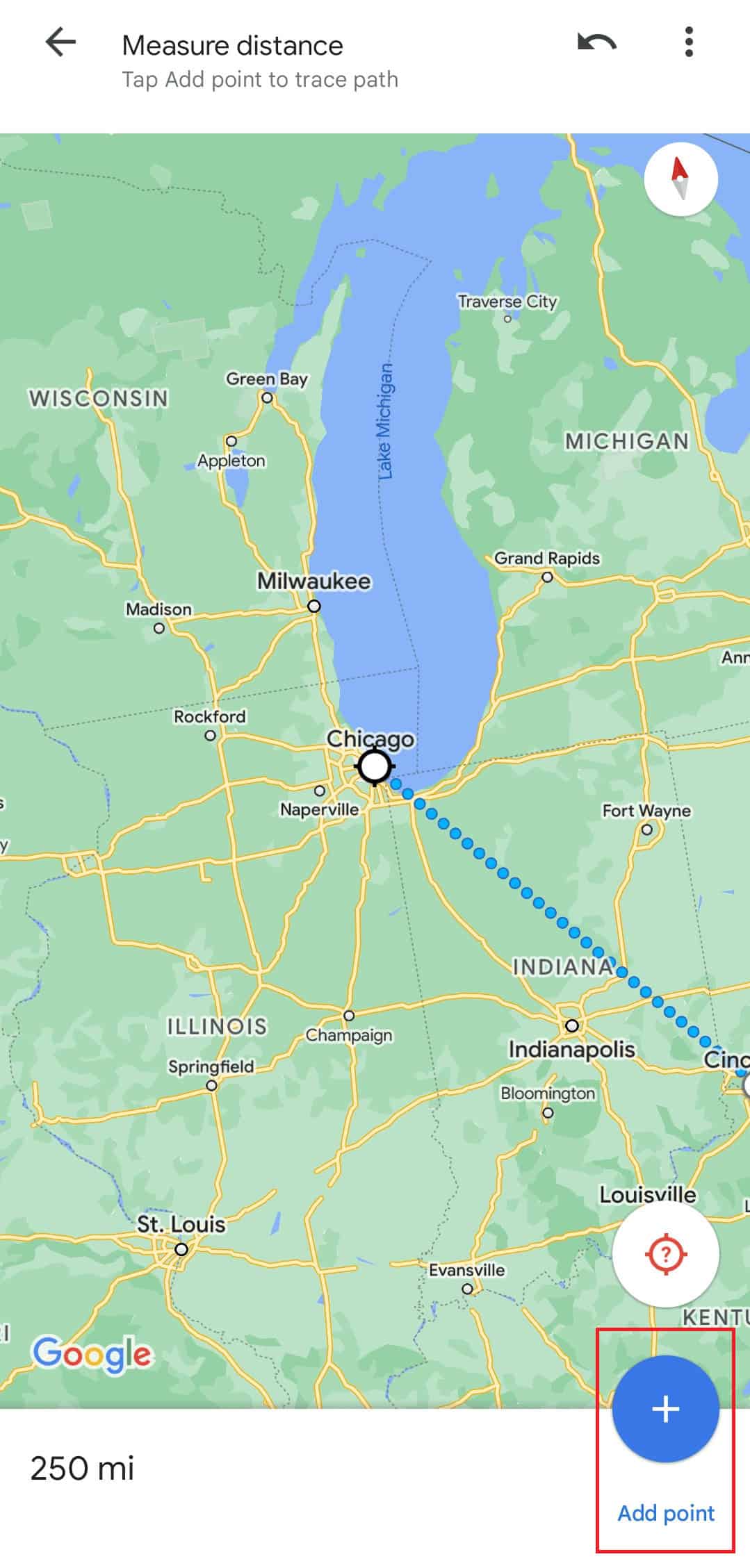 You can see the distance is 250mi, now tap on Add point icon